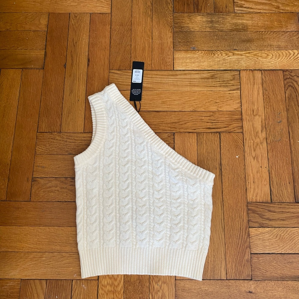 Fashion Nova Cream One-Shoulder Cable Knit Tank Top